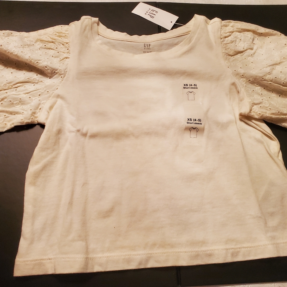 Gap Kids Short Sleeve Girls Top 4-5 Eyelet Puff Sleeve Ivory Nwt